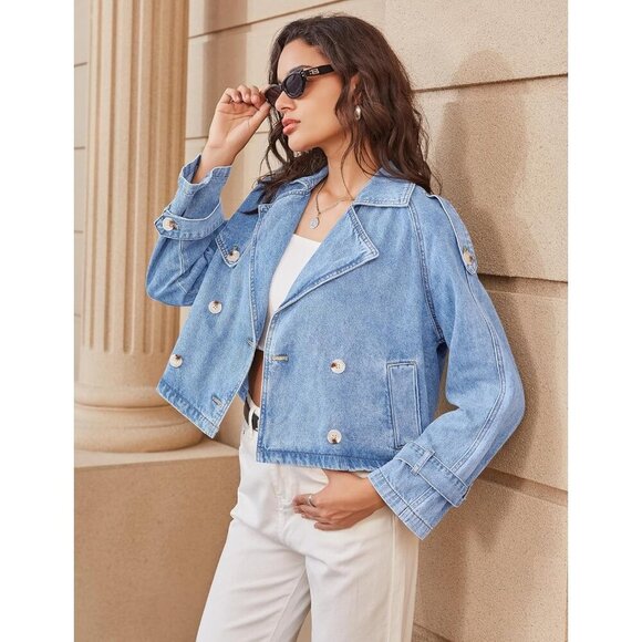 Women’s Light Blue Cropped Denim Trench Jacket Double Breasted Lightweight - Picture 3 of 6